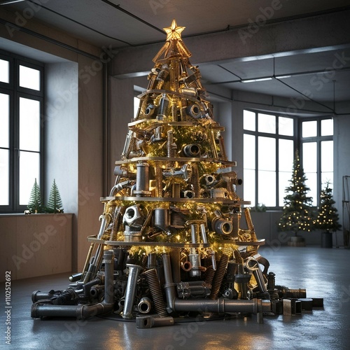 A futuristic Christmas tree constructed from scrap metal pieces like bolts, pipes, and old tools, polished to shine under soft golden lighting ,300 DPI High Resolution photo