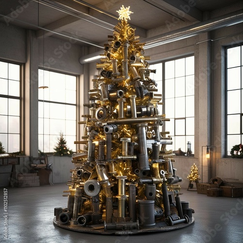 A futuristic Christmas tree constructed from scrap metal pieces like bolts, pipes, and old tools, polished to shine under soft golden lighting ,300 DPI High Resolution photo