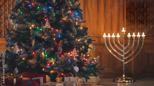 Beautifully decorated Christmas tree with a menorah glowing in the background photo