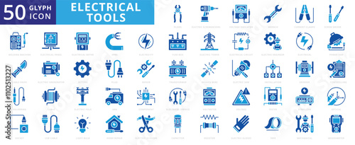 Electrical tools icon set with light bulb, electricity, tools, engineer, repair, service, voltage, wire, mechanical, cable, wrench, scissors, optical, electric, component, pliers, transformer, gloves