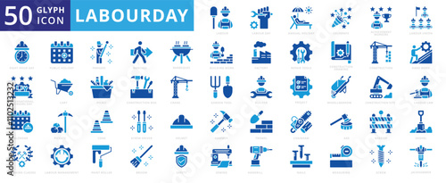 Labour day icon set with crane, calendar, construction, box, law, drawing, factory, management, picnic, safety, sewing, hammer, helmet, screw, axe, trowel, broom, shovel, cart, nails, builder, saw