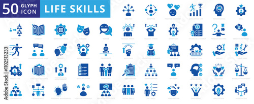 Life skills icon set with individual, culture, observation, psycho social, communities, innovation, training, service, imagination, parenting, attitude, production, active, literacy, confidence, humor