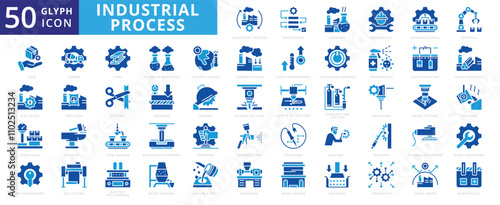 Industrial process icon set with electroplating, steel, laser, icon, cement, manufacturing, chemical, electrical, mechanical, physical, soldering, welding, fertilizer, disinfection, and machining