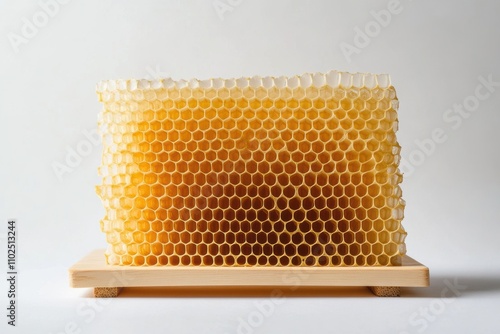 Bright Wooden Tray with Honeycomb Isolated on White Background photo