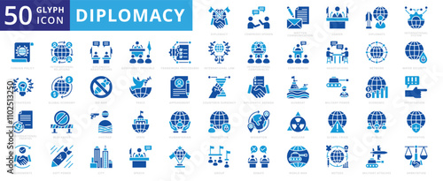 Diplomacy icon set with city, network, leader, economic, speech, peace, international relations, migration, world war, preventive, nuclear, protection, method, global economy, arbitration, appeasement