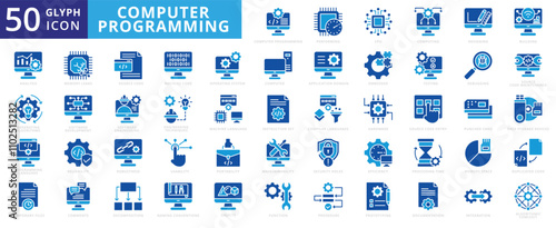 Computer programming icon set with building, hardware, computing, cpu, usability, efficiency, analysis, designing, function, software, development, prototyping, decomposition, source code, engineering