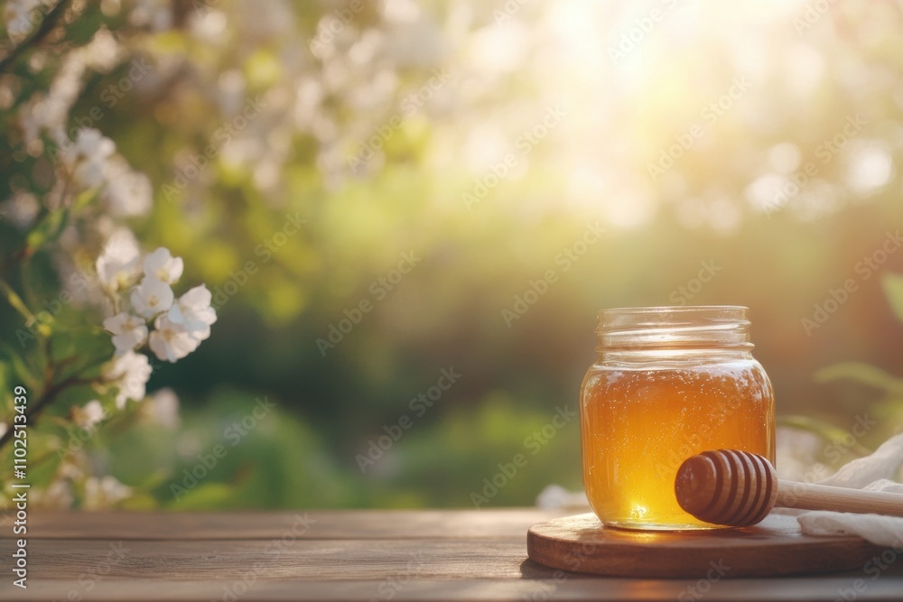 Golden Honey Jar with Wooden Dipper on Rustic Table Golden Honey Jar with Wooden Dipper on Rustic Table