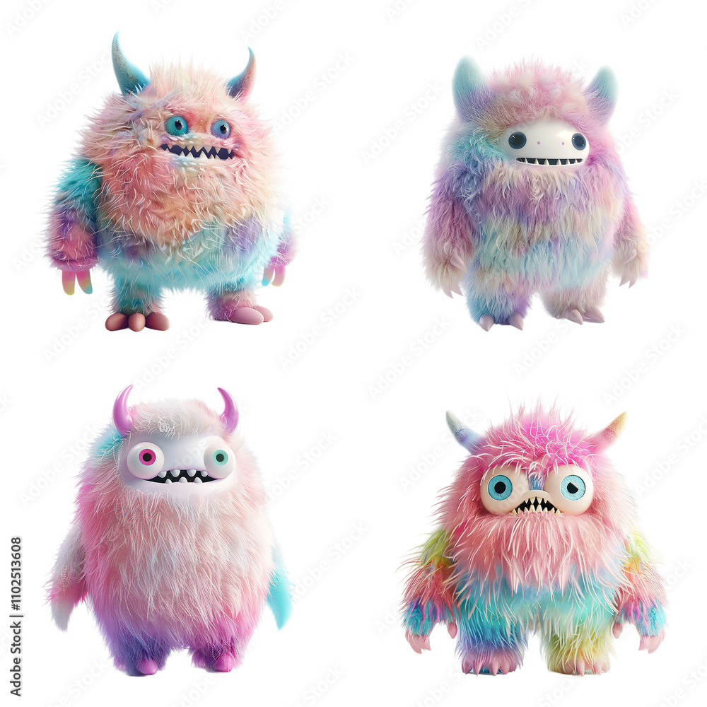 Fototapeta premium 3D Cute Furry Monster Set on Transparent Background