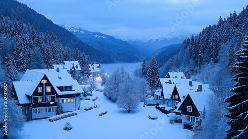 Snow falls gently over a quiet town, transforming the landscape into a winter wonderland under a soft, light blue sky