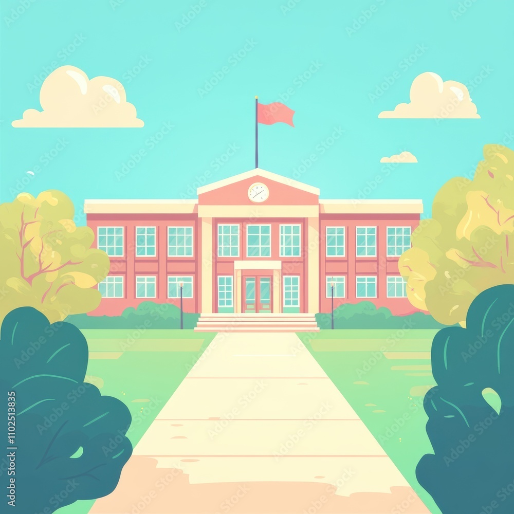 Fototapeta premium Bright and Inviting Building with Flagpole Illustration