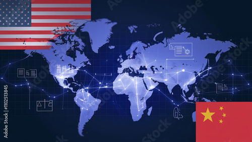 A digital world map highlighting global trade connections between the USA and China, featuring their flags and networked pathways, representing international commerce and relations.