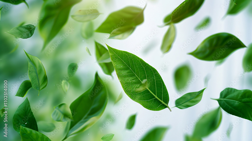 Obraz premium Green floating leaves, representing an air purifier atmosphere.