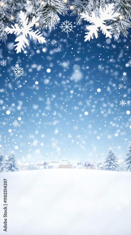 Snow falls gently over a quiet town, transforming the landscape into a winter wonderland under a soft, light blue sky Snow falls gently over a quiet town, transforming the landscape into a winter wonderland under a soft, light blue sky