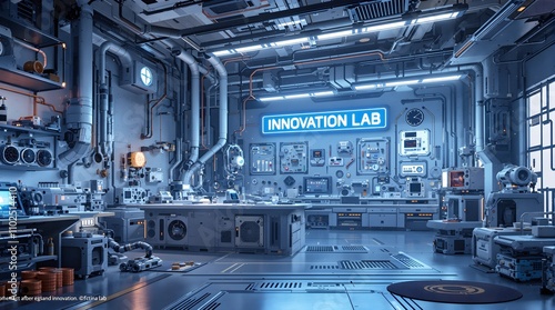 Futuristic Lab with Robotic Devices and the Words "Innovation Lab"