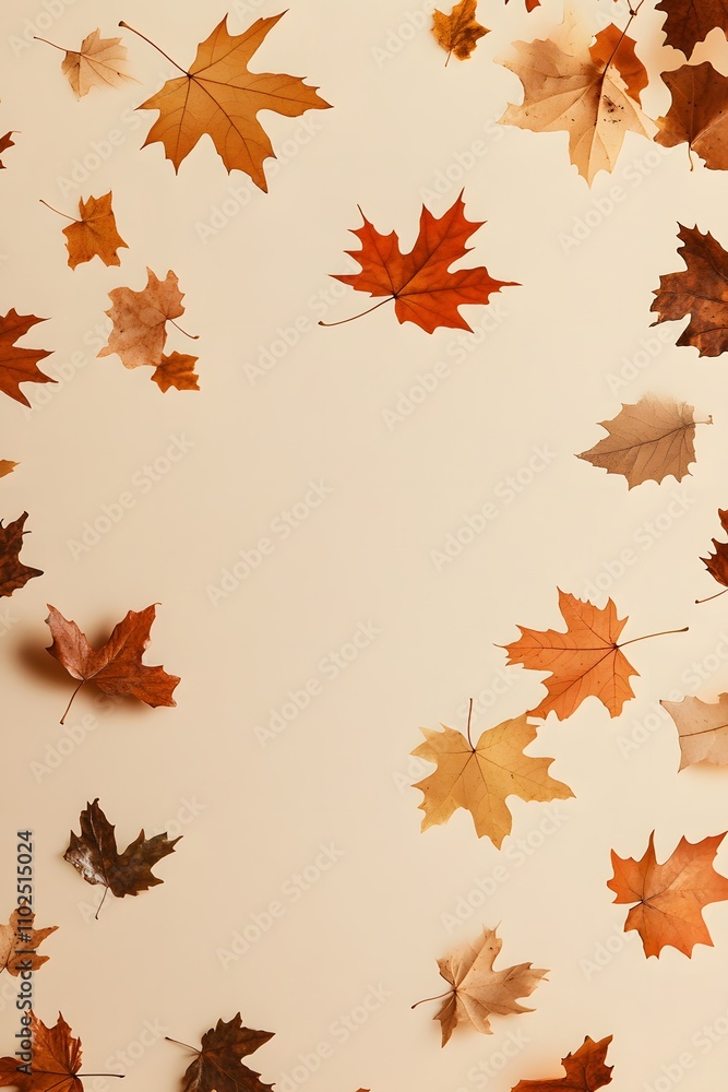 Autumn leaves falling on solid background. Freeze frame. Beige and brown colors. Minimalism, simple design. Autumn leaves banner background presentation design. October mood. Coloured sale backdrop Autumn leaves falling on solid background. Freeze frame. Beige and brown colors. Minimalism, simple design. Autumn leaves banner background presentation design. October mood. Coloured sale backdrop