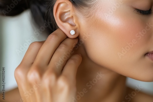 A close-up of a young woman delicately touching her diamond stud earring, showcasing her beauty, grace, and elegance in a softly lit environment.