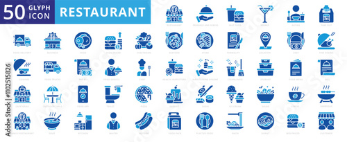 Restaurant icon set with food, waiter, bill, steak, kitchen, chef, customer, business, coffee, pizza, ice cream, truck, menu, salad, sushi, pasta, dessert, seafood, eat, hygiene, service, and storage