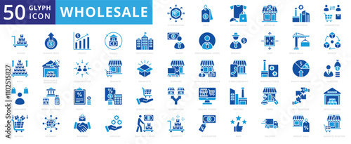 Wholesale icon set with resale, merchandise, bulk, business, sale, farm, delivery, internet, factory, profit, commercial, industrial, goods, consumer, investor, broker, tax, service, product, market