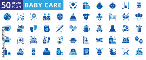 Baby care icon set with diaper, bottle, bath, gift, weight, adoption, feet, powder, teeth, cream, ball, family, doctor, girl, massage, bike, boy, safety, vitamins, shampoo, thermometer, vaccination