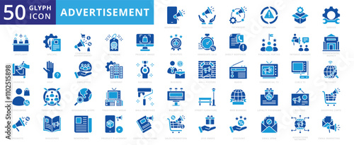 Advertisement icon set with product, business, network, internet, drawing, advertising, spotlight, discount, company, branding, service, employees, attention, email marketing, and product placement