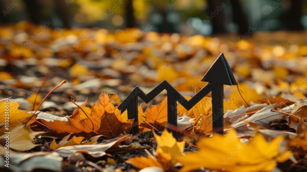 Obraz premium A close-up of black arrow symbols rising through a bed of yellow and orange autumn leaves, symbolizing business growth and economic progress. AI generated.