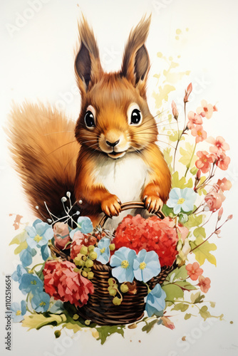 squirrel with a basket of flowers,.    photo