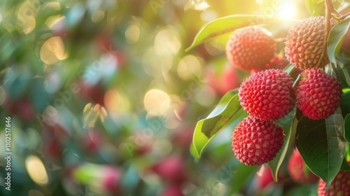 Fresh lychee fruits hanging on tree branch, illuminated by sunlight, showcasing vibrant colors and tropical foliage. Summer harvest and organic farming concept.