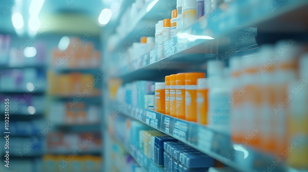 Pharmacy store drugs shelves, pharmacy business store, showcasing various types of prescription medications medical supplies, Shelves with Health Care Products, Concept of pharmacist, blurred image Ph