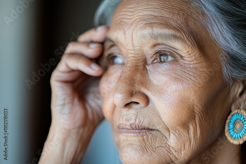 This image captures a thoughtful woman with gray hair looking away, highlighting her expressive features and intricate earrings, embodying beauty and contemplation.