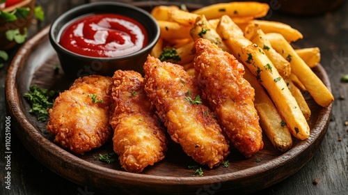 Crispy chicken tenders with fries and ketchup.