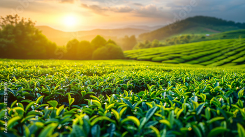 Green tea plantation at sunrise time, nature background. photo