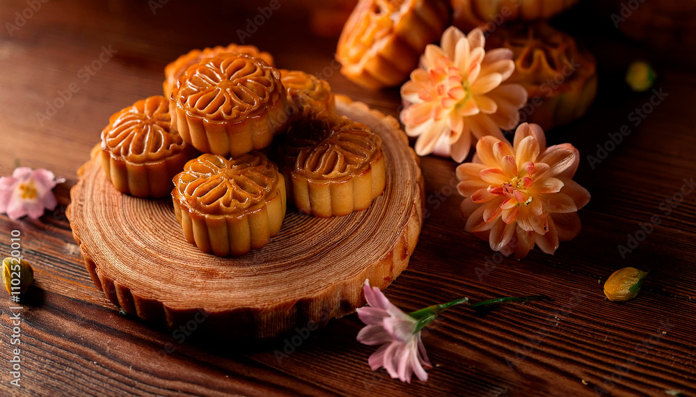 Chinese traditional mooncakes. Wooden table. and flowers. Photo for the restaurant menu. Chinese mooncakes with cup of tea and decorating with dried flower on wooden table for Mid Autumn festival Chinese traditional mooncakes. Wooden table. and flowers. Photo for the restaurant menu. Chinese mooncakes with cup of tea and decorating with dried flower on wooden table for Mid Autumn festival