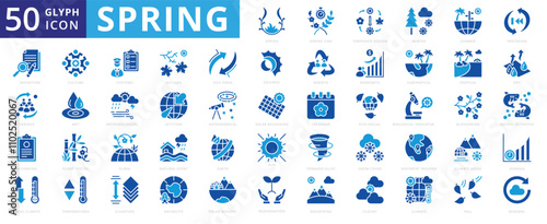 Spring icon set with regrowth, renewal, summer, spring, winter, calendar, sun, autumn, earth, tropical, mountains, fall, climate, culture, ecological, flora, dry, astronomical, subtropical, and season