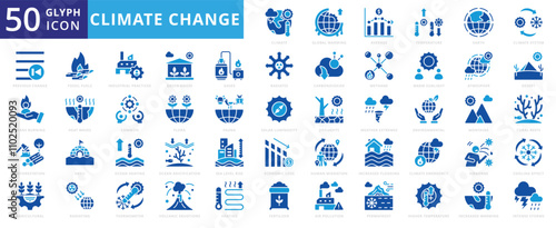 Climate change icon set with earth, mountains, desert, climate, fauna, atmosphere, agricultural, arctic, thermometer, temperature, environment, global warming, flora, fertilizer, and deforestation