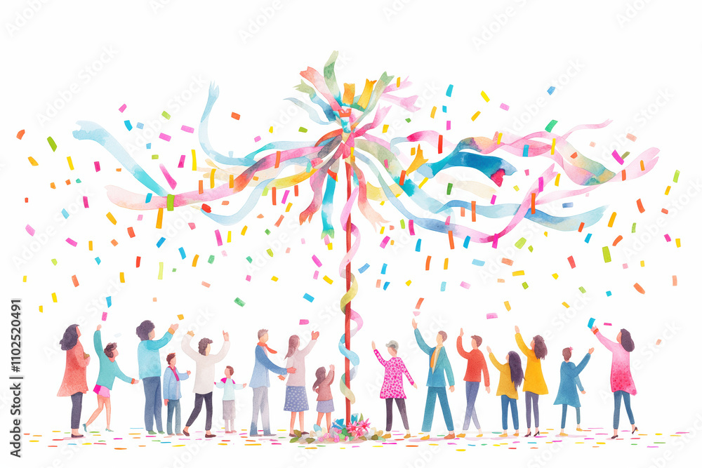 Colorful Maypole celebration with ribbons and joyful crowd during May Day festivities Colorful Maypole celebration with ribbons and joyful crowd during May Day festivities