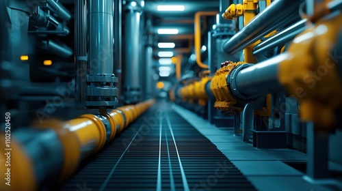 A detailed view of industrial pipes and machinery in a modern facility, showcasing a network of interconnected systems with a focus on functionality and design. photo