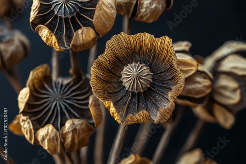 Dried decorative flowers with intricate details and textures, showcasing natural beauty and elegance against a dark background. Perfect for artistic compositions. photo