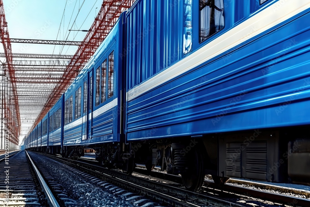 Fototapeta premium A sleek blue train moves under intricate overhead wires, symbolizing modern transportation by Generative AI.