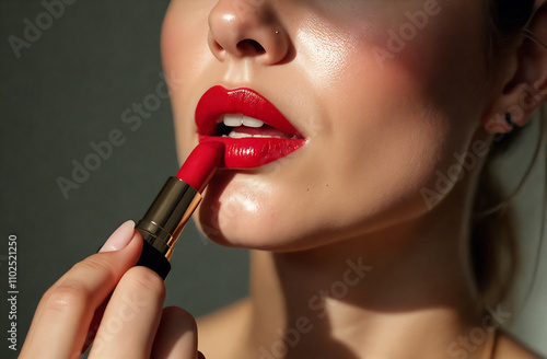 closeup of woman applying red lip gloss lipstick