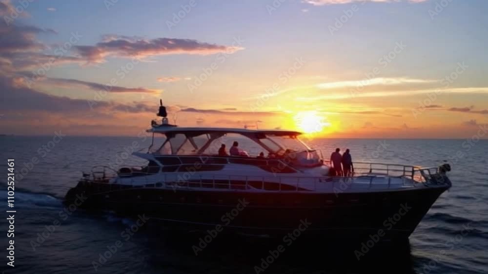 A couple enjoys a relaxing sunset cruise on a luxurious boat, watching the sky change colors as the sun sets over the horizon. The serene, romantic scene is perfect for promoting honeymoon packages an A couple enjoys a relaxing sunset cruise on a luxurious boat, watching the sky change colors as the sun sets over the horizon. The serene, romantic scene is perfect for promoting honeymoon packages an