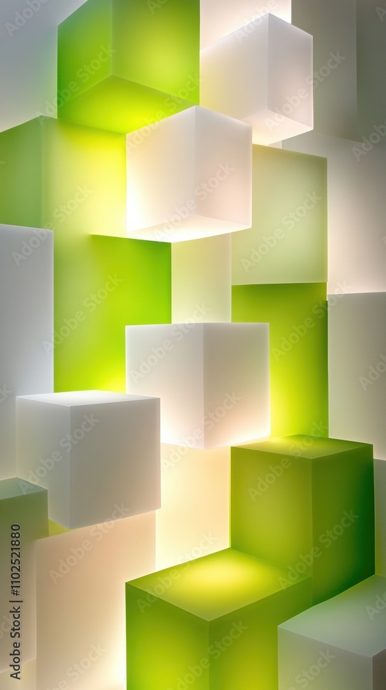 Geometric cubes in green and white create a modern, abstract 3D wall design, AI Geometric cubes in green and white create a modern, abstract 3D wall design, AI