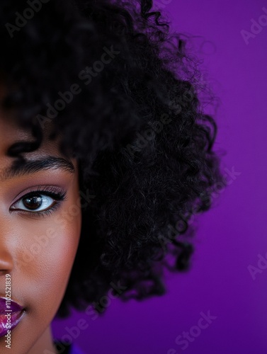 Close-up of a woman's face and curly hair. AI.