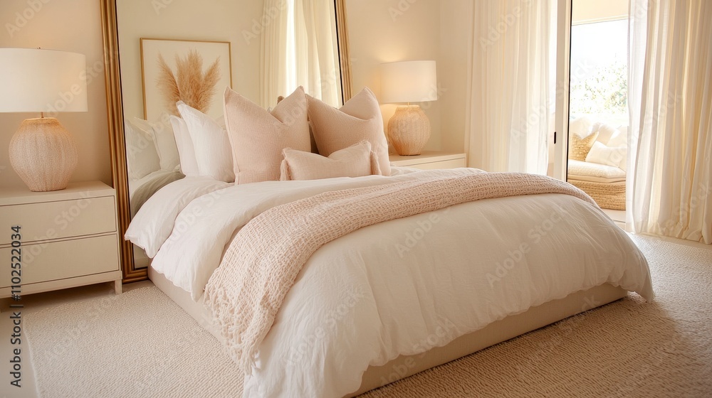 Obraz premium Leaning frameless mirror, floor-length, styled with soft bedroom hues; reflections create a feeling of spaciousness and refined decor