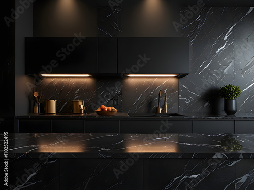 Product Display Space on Black Marble Countertop in Modern Black Kitchen
