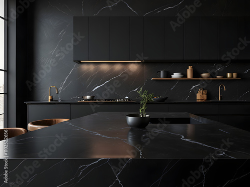 Product Display Space on Black Marble Countertop in Modern Black Kitchen