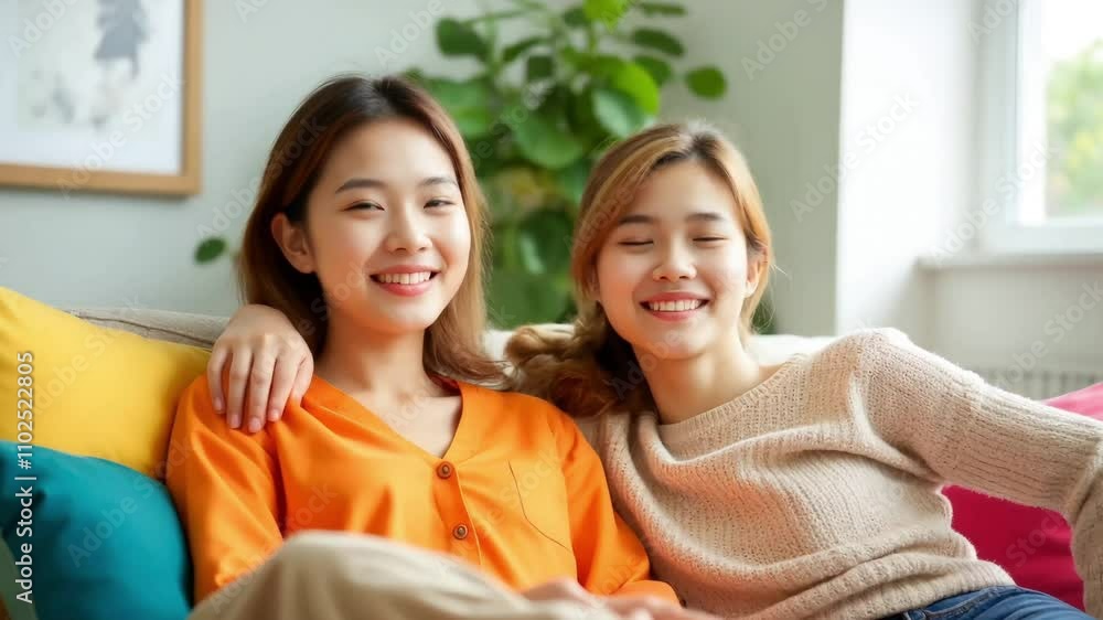 Two women in a lesbian relationship relaxing on a sofa, sharing a warm and intimate moment. Two women in a lesbian relationship relaxing on a sofa, sharing a warm and intimate moment.