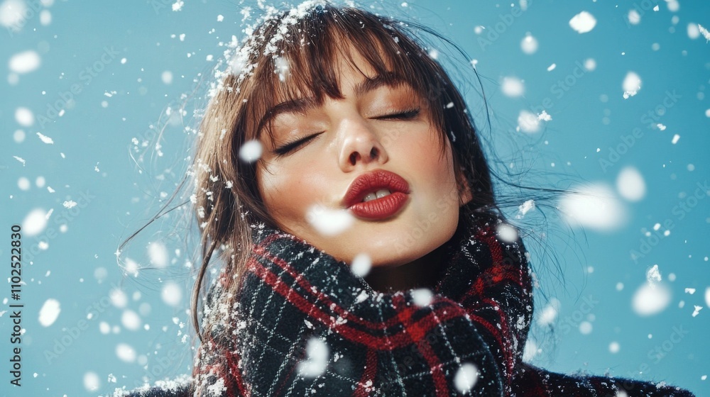 Brunette woman, model, wearing plaid wool coat and scarf, smiling while surrounded by falling snow. Isolated against blue background. Winter fashion aesthetic. Brunette woman, model, wearing plaid wool coat and scarf, smiling while surrounded by falling snow. Isolated against blue background. Winter fashion aesthetic.