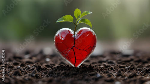 plant growing from a red heart on soil, concept of cultivate kindness and love photo