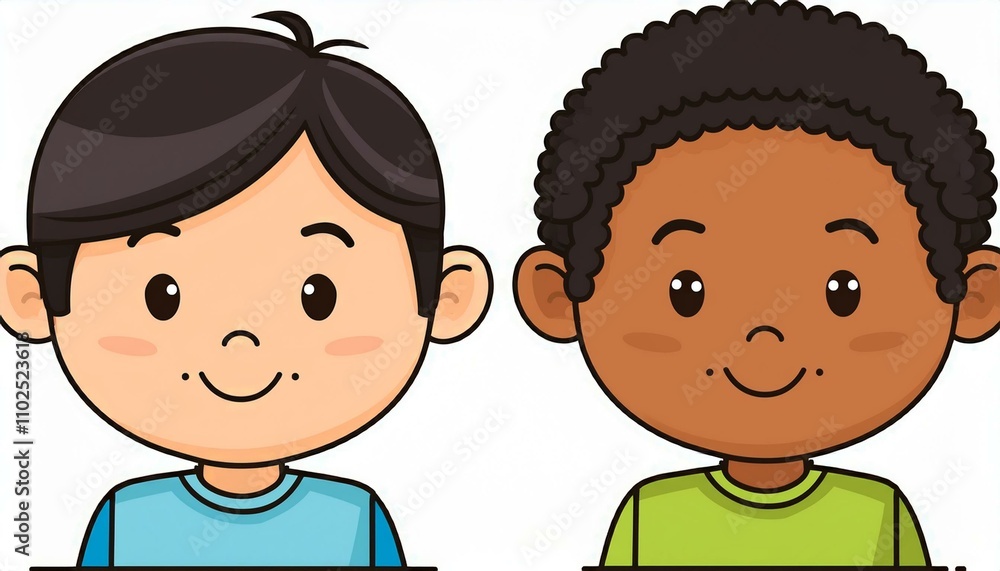Minimalist illustration of two children, one African American and one Caucasian, isolated on white background. Minimalist illustration of two children, one African American and one Caucasian, isolated on white background.