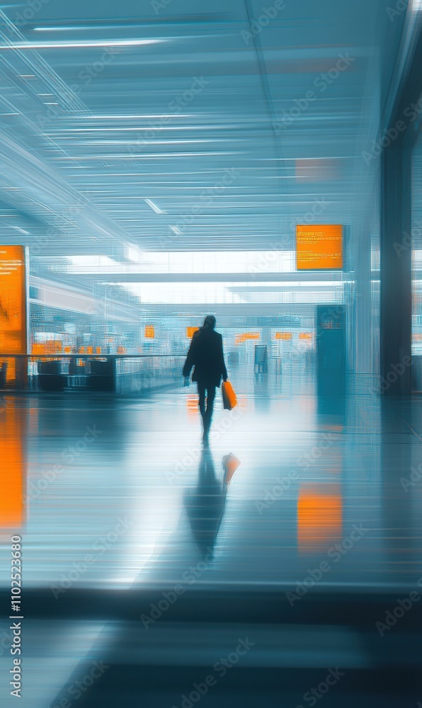 A lone figure walks through a modern, bright hallway. AI. A lone figure walks through a modern, bright hallway. AI.